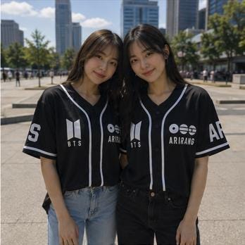 Black BTS baseball jersey front view showing BTS sleeve and ARMY sleeve
