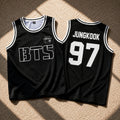 Detail of BTS logo on front of custom basketball jersey
