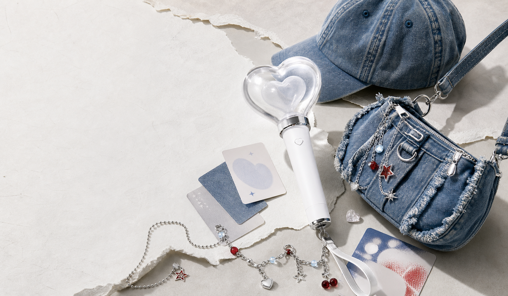 KPOP180 fan merchandise collection styled as a cherry red and denim editorial collage